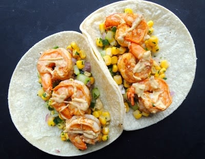 shrimp-tacos-with-corn-salsa-and-chipotle-avocado-crema