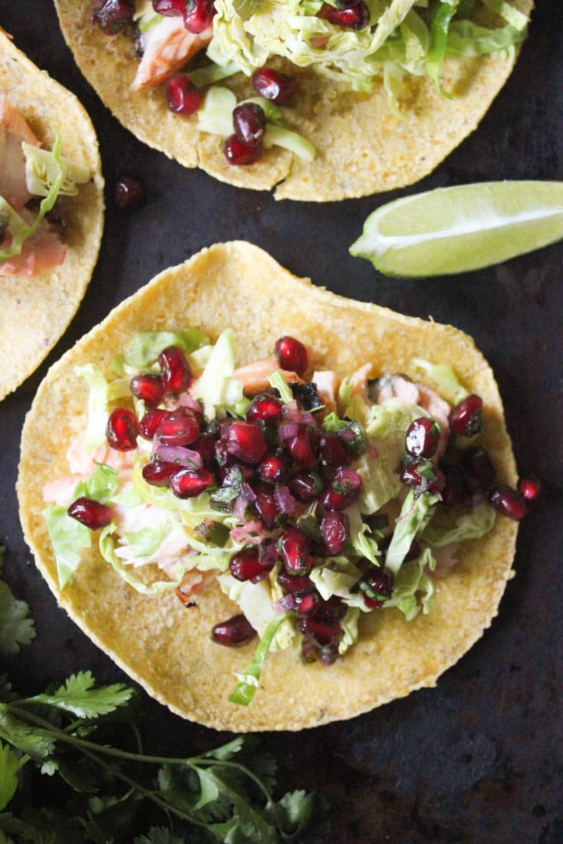 Grilled-Salmon-Tacos-with-Pomegranate-Jalapeno-Salsa-with-Brussels-Sprouts-and-Goat-Cheese-2