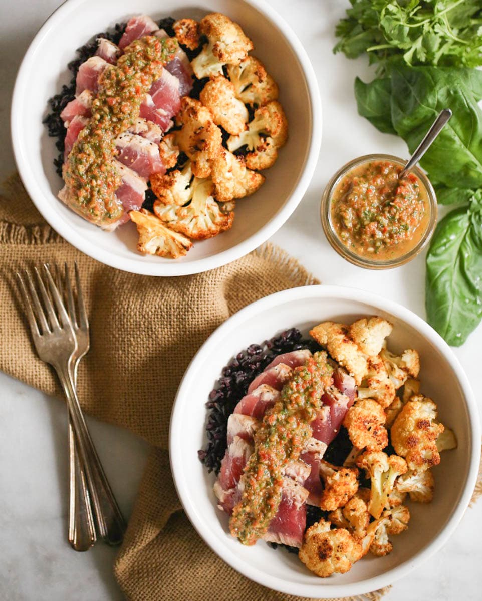 seared-ahi-bowls-with-roasted-cauliflower-and-red-chimichurri