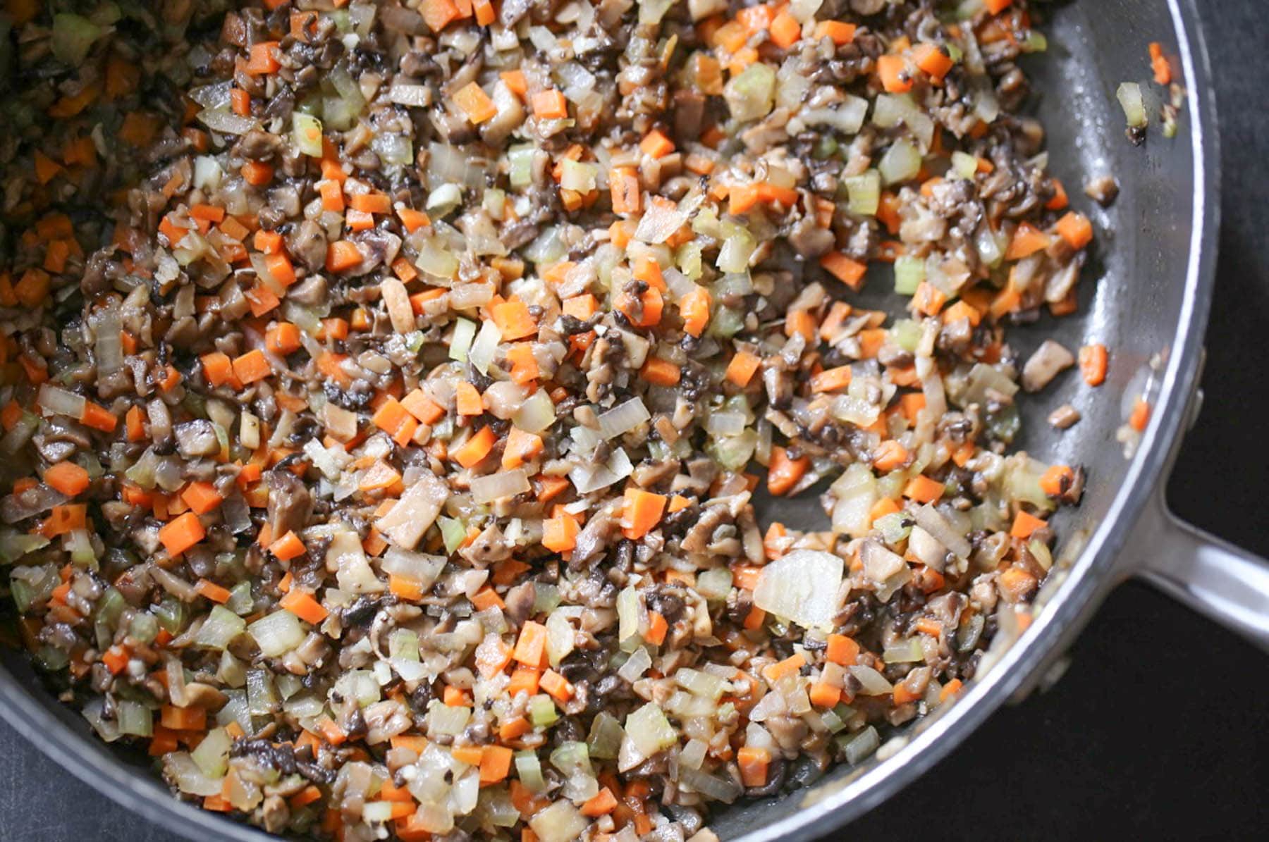 Sauteed vegetables for portobello bolognese sauce.