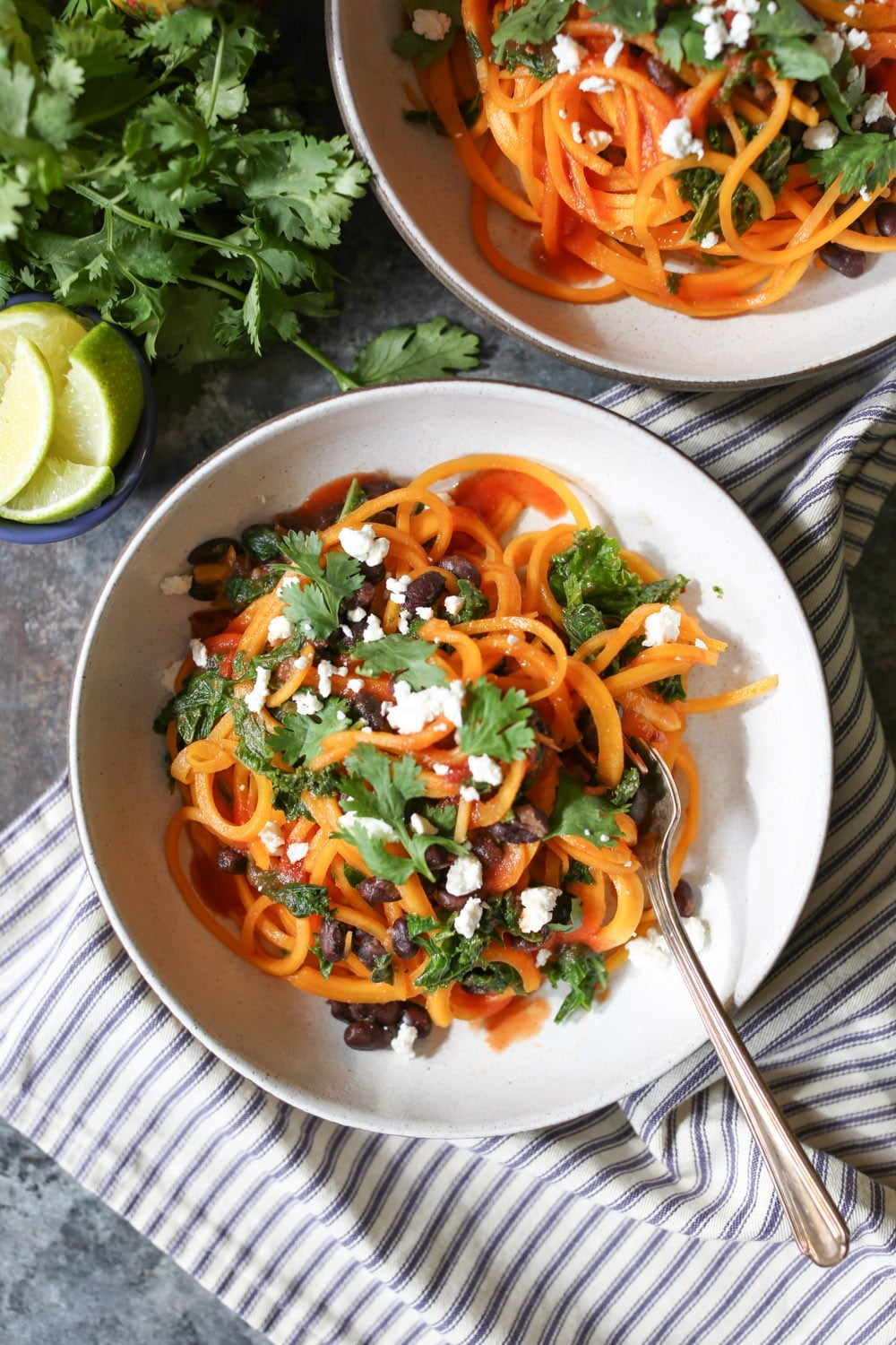 Butternut Squash Noodle, Black Bean, and Kale Enchilada Bowls