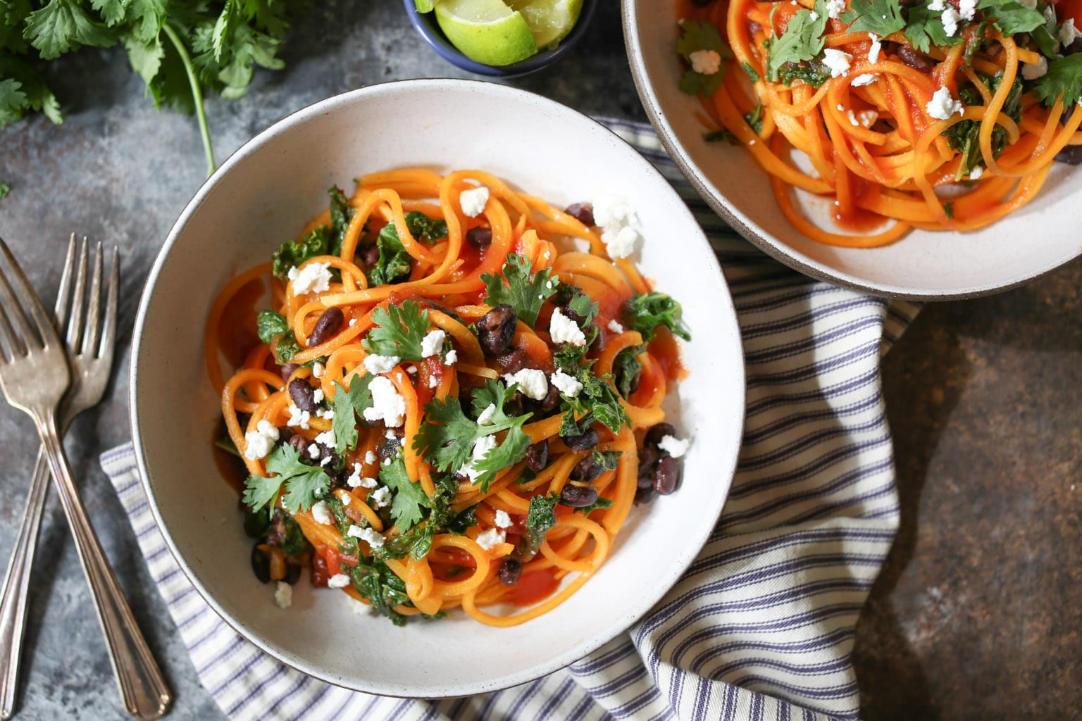 Butternut Squash Noodle, Black Bean, and Kale Enchilada Bowls