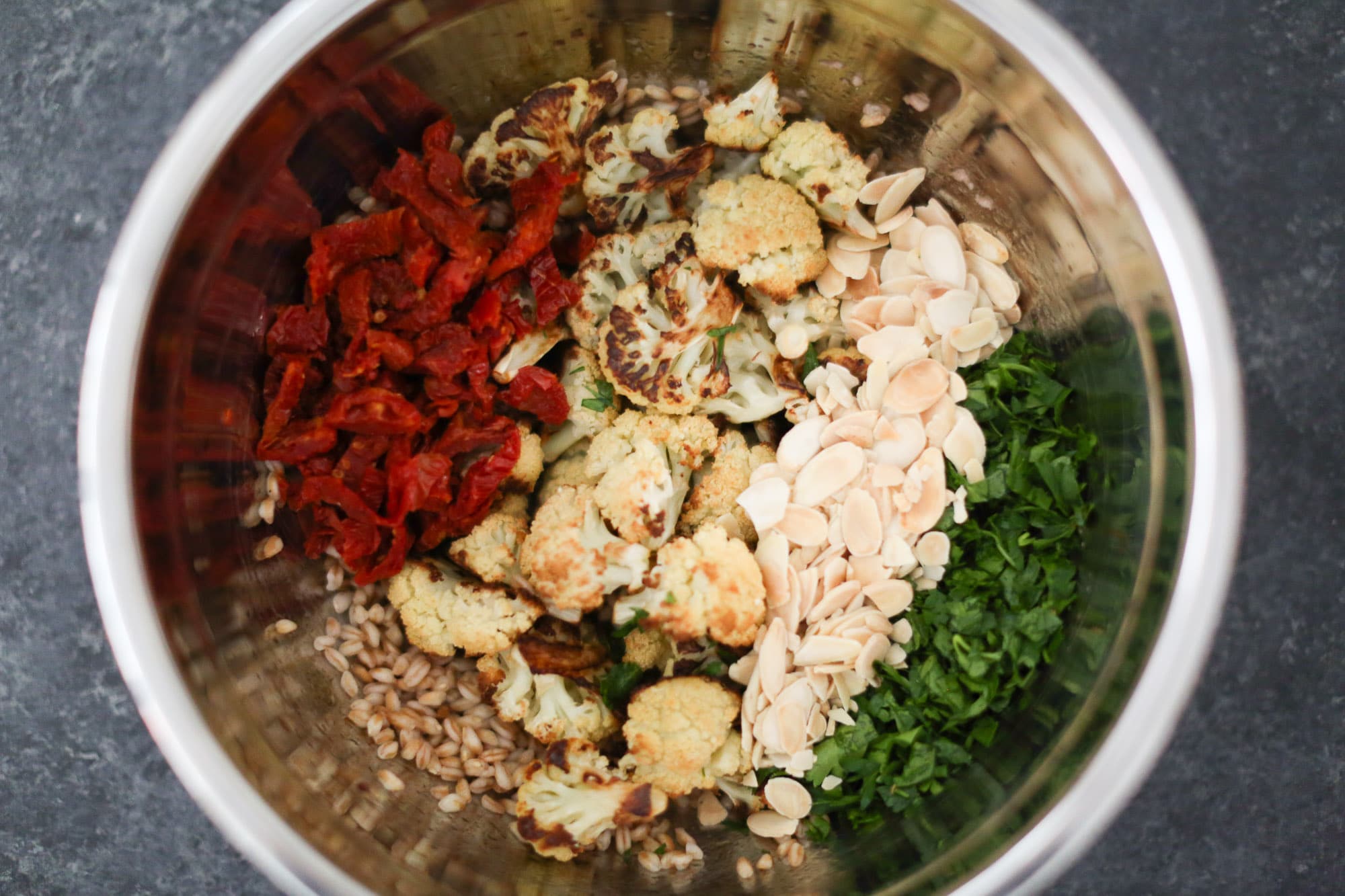 Roasted Cauliflower and Farro Salad with Sun-Dried Tomatoes