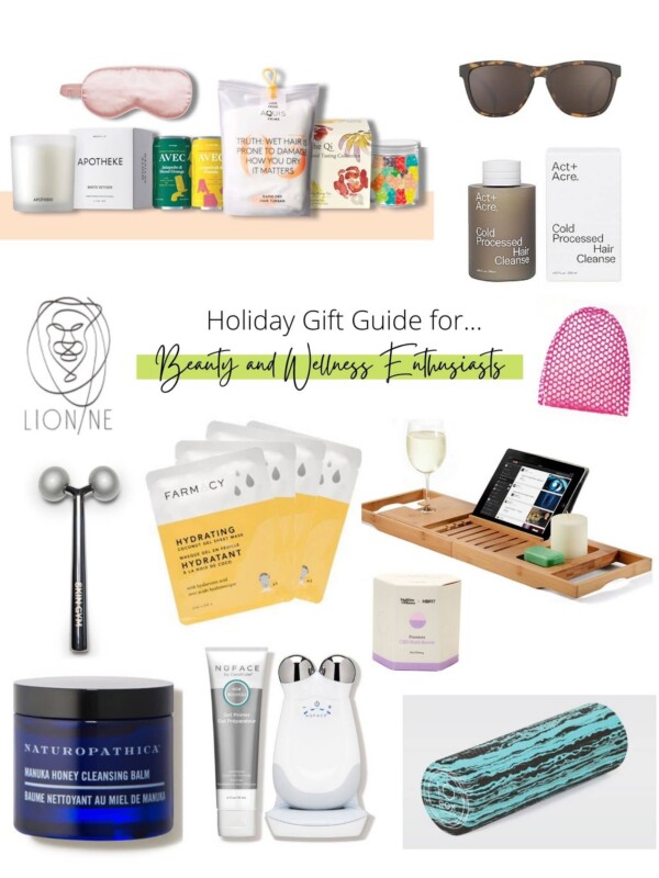 Collage of holiday gift ideas for beauty and wellness lovers.
