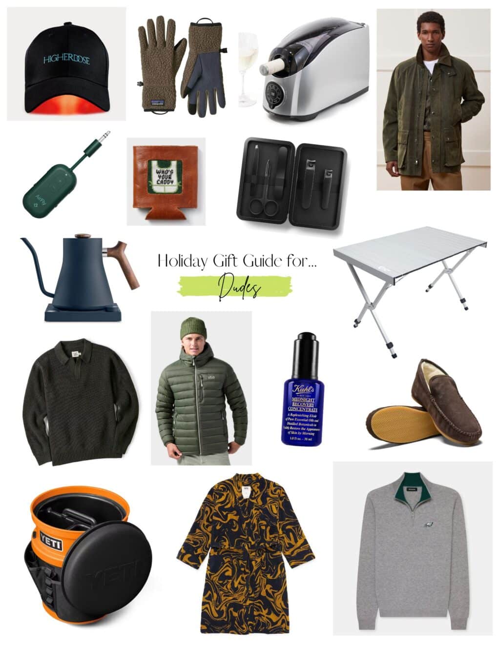 A collage of products from the holiday gift guide for men. 